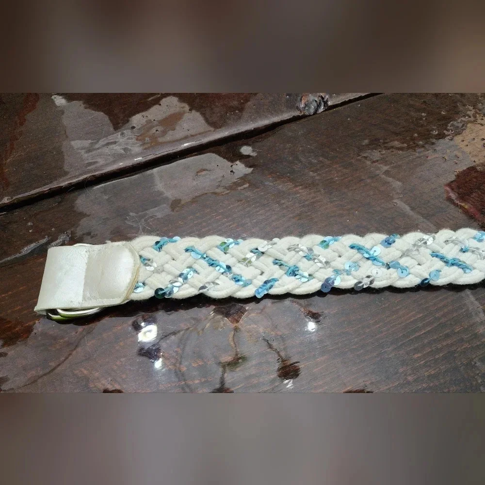 👸👖🩳 White Braided D-ring Belt with blue & silver sequins